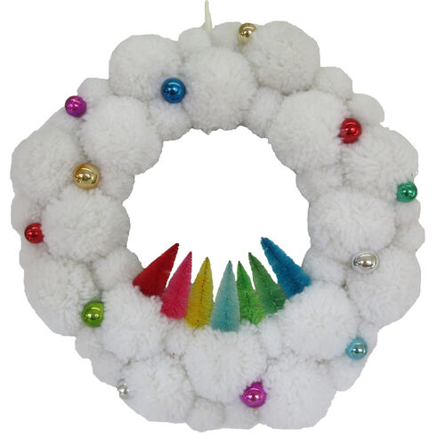 Wht Pom Pom Wreath With Color Trees / Balls