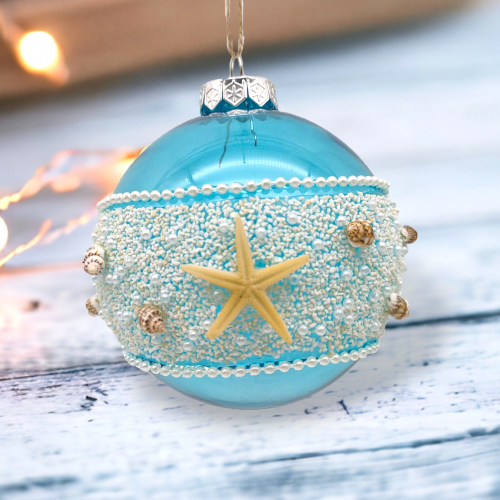 Blue Glass Ball w/ Lace Bead Band Orn