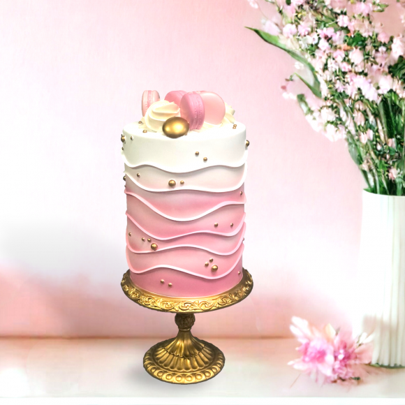 Pink Cake w/Macaron on Gold Pedestial
