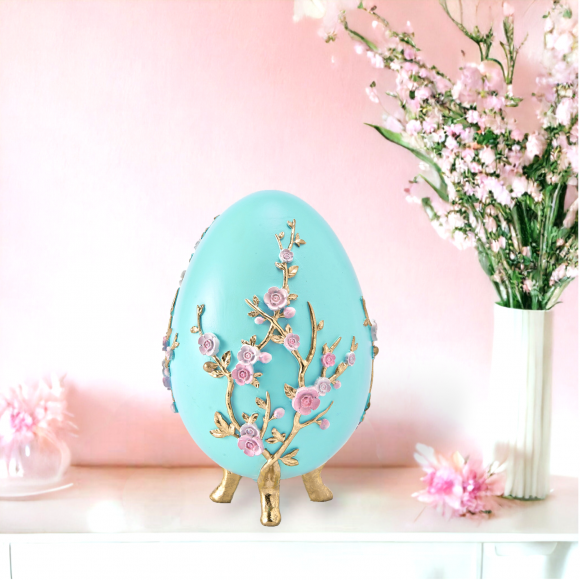 Teal Egg w/Pink Flowers
