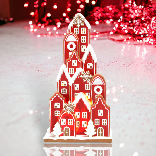 18" LED Red Stacked Gingerbread Village