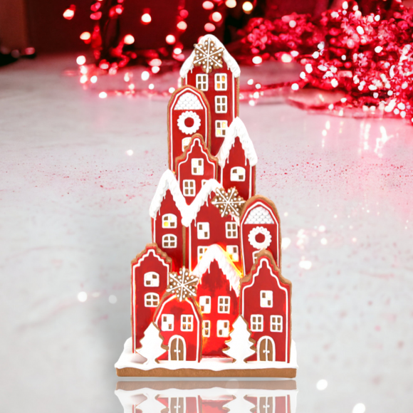 18" LED Red Stacked Gingerbread Village