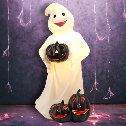 30"LED Standing Ghost w/Blk Pumpkins