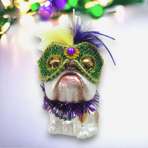 Bulldog in Mardi Gras Mask