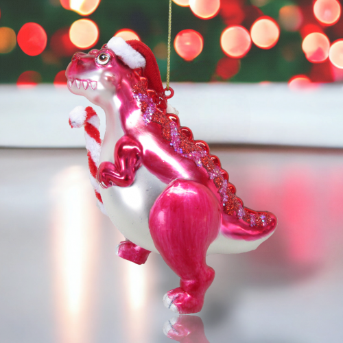 Pink Dinosaur w/Candy Cane Orn - IN STOCK