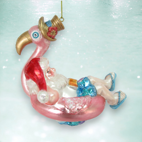 Santa on Flamingo Float Orn