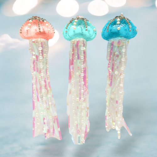 3 Asst Teal/Aqua/Coral Jellyfish Orn Min/12