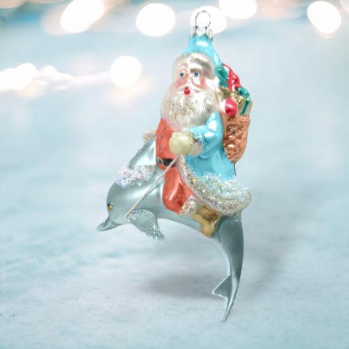 Santa on Blue Dolphin Orn Min/6