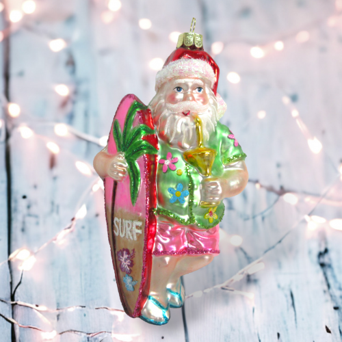 Beach Santa w/Surfboard Orn - Back in Stock 9/15/2023