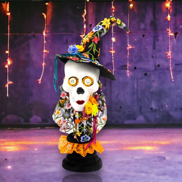 24in Skeleton w/Witch Hat on Pedestal