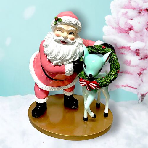 18in Retro Pink Santa w/Deer - IN STOCK