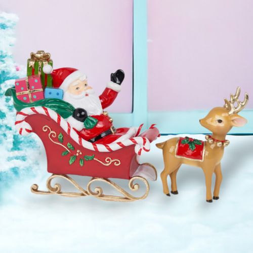 14in Vintage Santa w/Reindeer in Sled