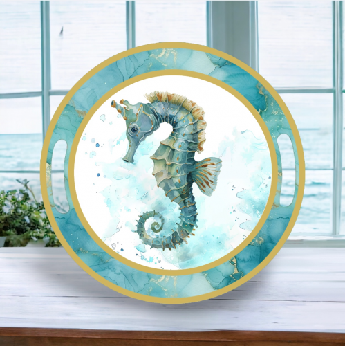 14in Seahorse Round Tray w/Handles Min/4