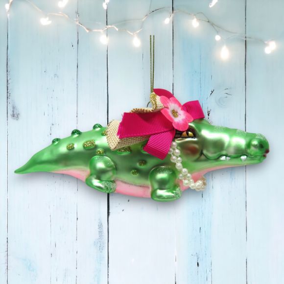 Gator w/Pink Bow Orn Min/6