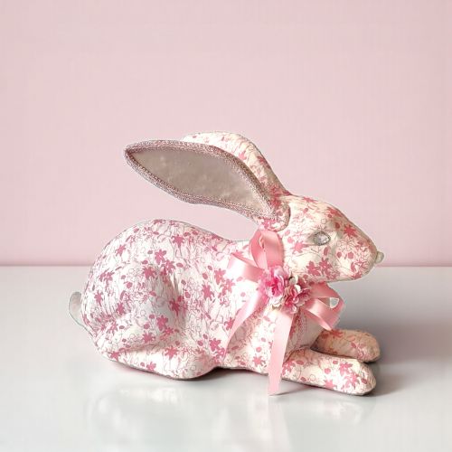 Pink Toile Bunny Laying Down Min/2