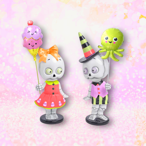 13.5in Set/2 Skeleton Summer Kids w/Balloons - NEW SpookySummer - IN Stock Feb 2026